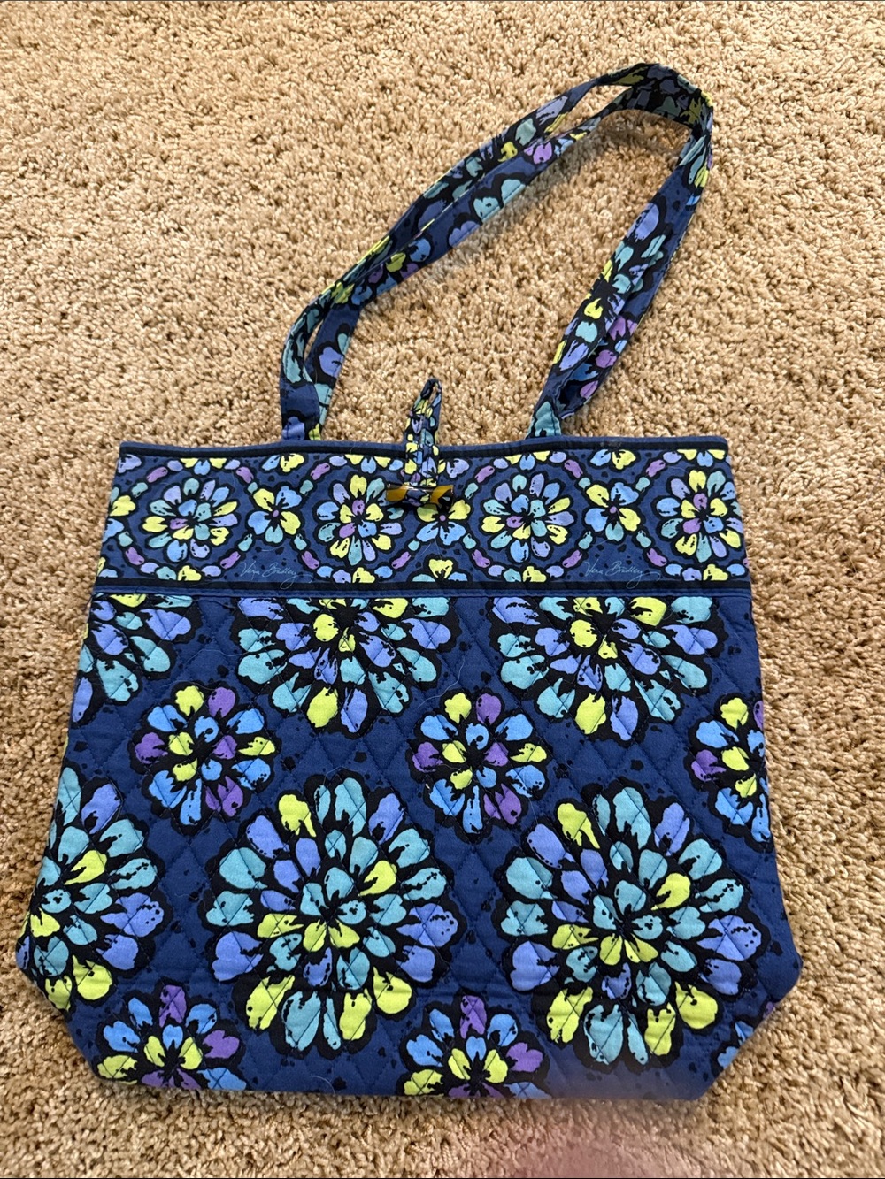 Vera Bradley Navy Blue Floral Quilted Tote with Yellow & Purple Accents